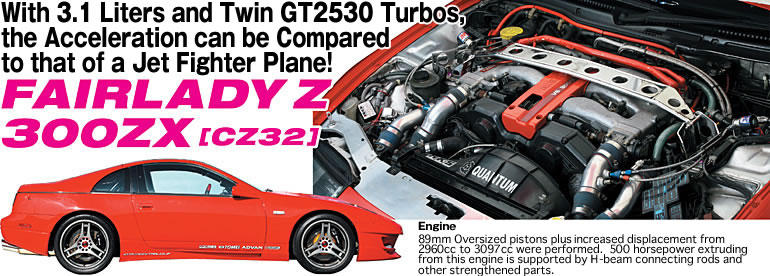 With 3.1 Liters and Twin GT2530 Turbos, 
the Acceleration can be Compared 
to that of a Jet Fighter Plane! 
FAIRLADY Z 
300ZX [CZ32]
Engine 
89mm Oversized pistons plus increased displacement from 
2960cc to 3097cc were performed.  500 horsepower extruding 
from this engine is supported by H-beam connecting rods and 
other strengthened parts.